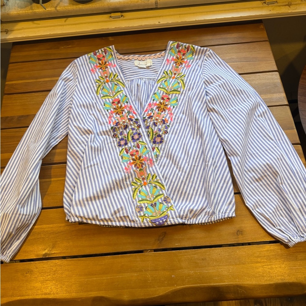 Anthropologie Blue & White Striped Embroidered V-Neck Blouse
